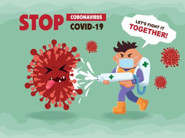PrintVector çizgi film kahramanı karakter virüsle savaşıyor. COVID-19 Coronavirus Çizim İstasyonu.