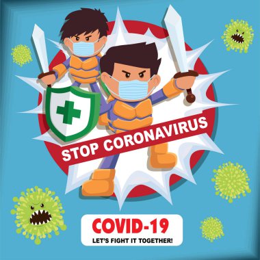 PrintVector çizgi film kahramanı karakter virüsle savaşıyor. COVID-19 Coronavirus Çizim İstasyonu.