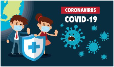 PrintVector çizgi film kahramanı karakter virüsle savaşıyor. COVID-19 Coronavirus Çizim İstasyonu.