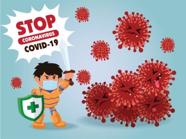 PrintVector çizgi film kahramanı karakter virüsle savaşıyor. COVID-19 Coronavirus Çizim İstasyonu.