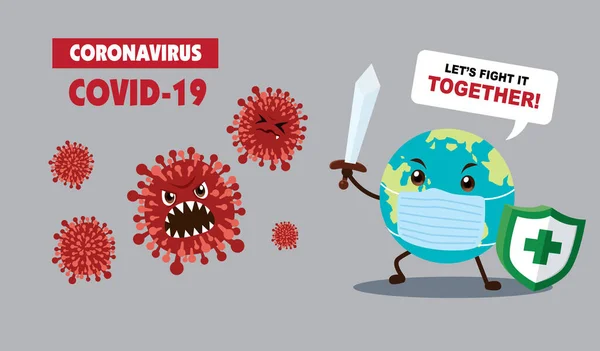 Printvector Personaggio Eroe Dei Cartoni Animati Lotta Con Virus Covid — Vettoriale Stock