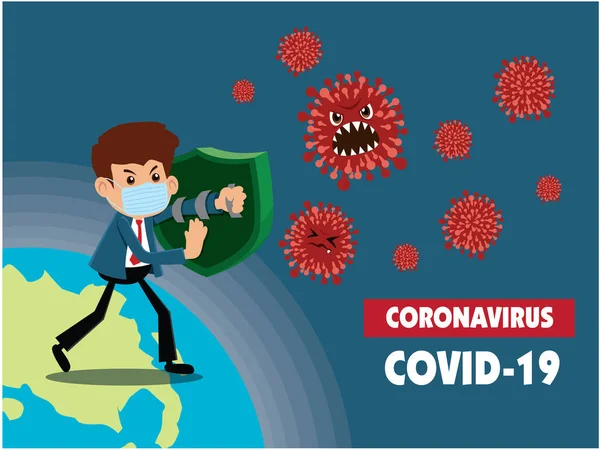 Nyomtatásvektor Rajzfilm Hős Karakter Harcol Vírussal Covid Novel Coronavirus Illúzió — Stock Vector