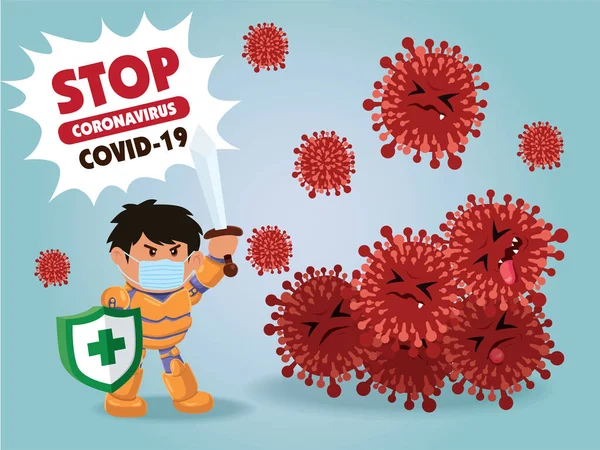 Printvector Personaggio Eroe Dei Cartoni Animati Lotta Con Virus Covid — Vettoriale Stock