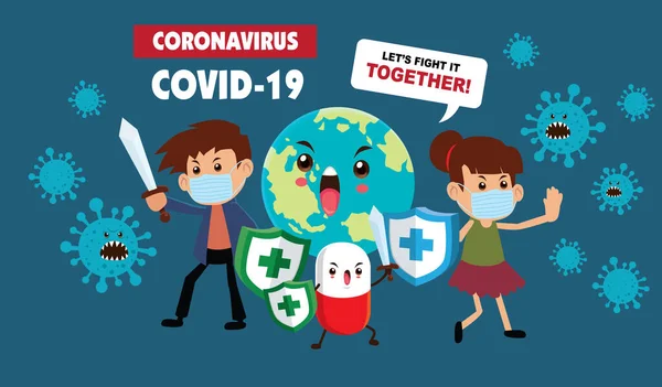 Printvector Personaggio Eroe Dei Cartoni Animati Lotta Con Virus Covid — Vettoriale Stock