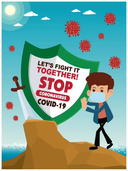 Printvector Cartoon Hero Character Fighting Virus Covid Novel Coronavirus Illustation — Stock Vector