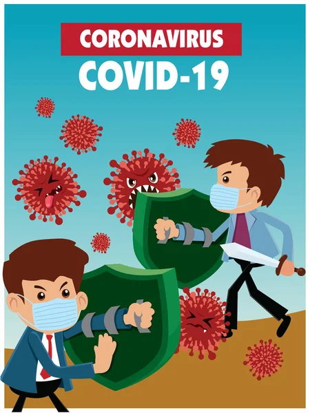 Printvector Çizgi Film Kahramanı Karakter Virüsle Savaşıyor Covid Coronavirus Çizim — Stok Vektör