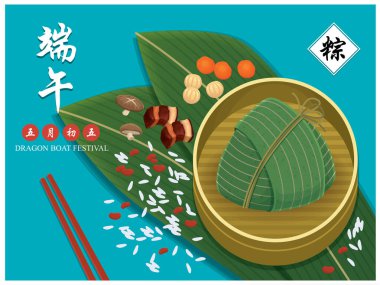 Klasik Çin usulü pirinç köftesi çizgi film karakteri. Ejderha teknesi festivali illüstrasyonu. (Başlık: Ejder Gemisi Festivali, 5 Mayıs)