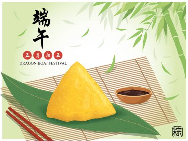 Klasik Çin usulü pirinç köftesi çizgi film karakteri. Ejderha teknesi festivali illüstrasyonu. (Başlık: Ejder Gemisi Festivali, 5 Mayıs)