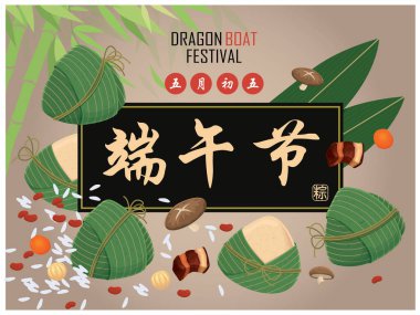 Klasik Çin usulü pirinç köftesi çizgi film karakteri. Ejderha teknesi festivali illüstrasyonu. (Başlık: Ejder Gemisi Festivali, 5 Mayıs)