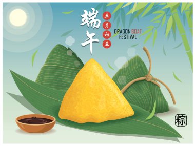 Klasik Çin usulü pirinç köftesi çizgi film karakteri. Ejderha teknesi festivali illüstrasyonu. (Başlık: Ejder Gemisi Festivali, 5 Mayıs)