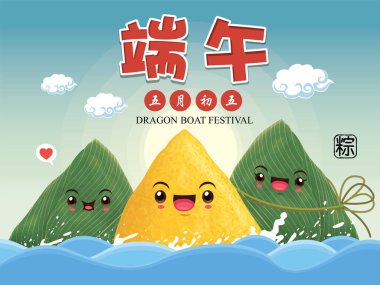 Klasik Çin usulü pirinç köftesi çizgi film karakteri. Ejderha teknesi festivali illüstrasyonu. (Başlık: Ejder Gemisi Festivali, 5 Mayıs)