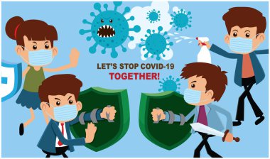 Vektör çizgi film kahramanı karakter virüsle savaşıyor. COVID-19 Coronavirus Çizim İstasyonu.