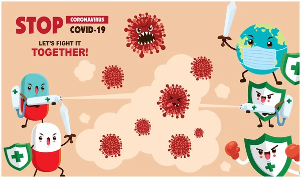 Vektör Çizgi Film Kahramanı Karakter Virüsle Savaşıyor Covid Coronavirus Çizim — Stok Vektör