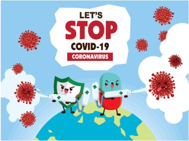 Vektör çizgi film kahramanı karakter virüsle savaşıyor. COVID-19 Coronavirus Çizim İstasyonu.