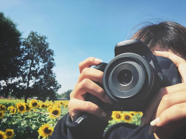 Ayçiçekleri alanı ile fotoğraf çekmek için bir kamera kullanan kadın
