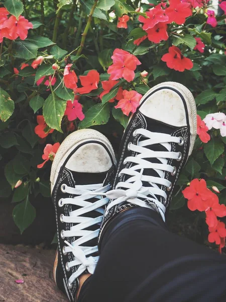 Cropped Image Teenager Putting Legs Sneakers Bush Red Flowers Garden — Stock Photo, Image