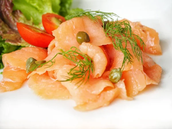 Close View Delicious Smoked Salmon Vegetables White Plate — Stock Photo, Image