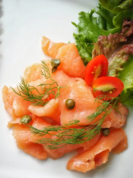 Close View Delicious Smoked Salmon White Plate — Stock Photo, Image