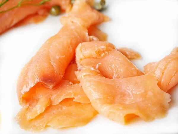 Close Delicious Smoked Salmon Plate — Stock Photo, Image