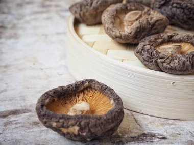 Ahşap arka planda Shiitake mantarları