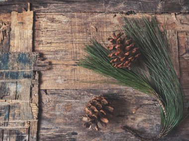 çam kozalakları yeşil dallar ile üstten görünüm rustik ahşap tablo 