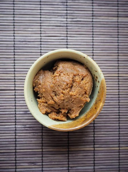 Traditional Japanese Miso Paste Ceramic Bowl Wooden Background — Stock Photo, Image