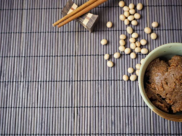 Traditional Japanese Miso Paste Ceramic Bowl Wooden Background — Stock Photo, Image