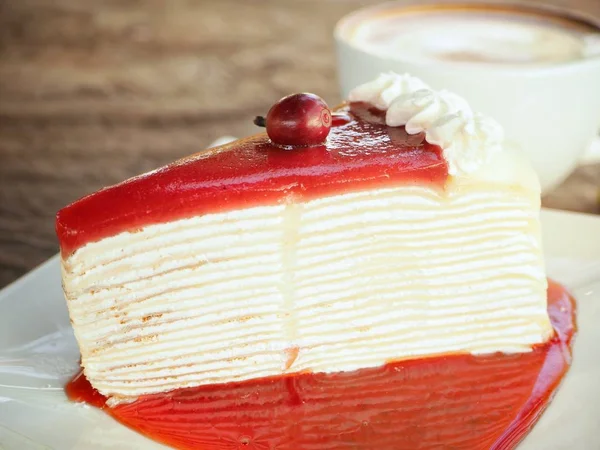 Fresh Crepe Cake Served Berry Sauce White Plate — Stock Photo, Image