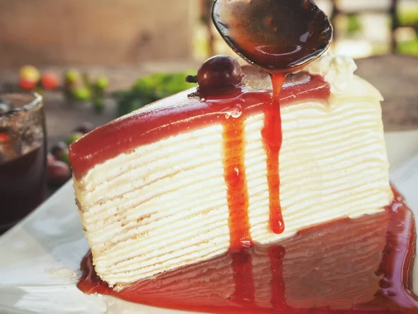 Fresh Crepe Cake Served Berry Sauce White Plate — Stock Photo, Image
