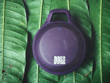 Mor bluetooth sözcü üstten görünüm yeşil yaprakları arka plan üzerinde