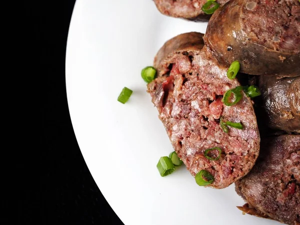 Tæt Visning Traditionel Koreansk Mad Soondae Pølse Sort Baggrund - Stock-foto