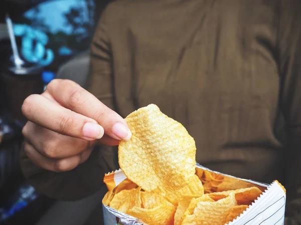 Woman Holding Bag Crunchy Potato Chips — Stock Photo, Image