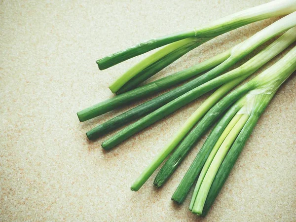 Fresh Green Spring Onion Brown Stone Background — Stock Photo, Image