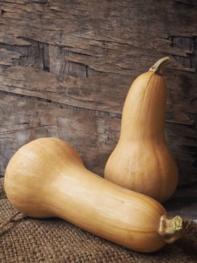 Olgun sarı butternut squashes çul eski ahşap zemin üzerine 