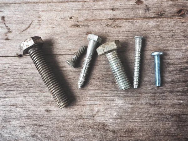 Close View Various Construction Screws Wooden Table Top View — Stock Photo, Image