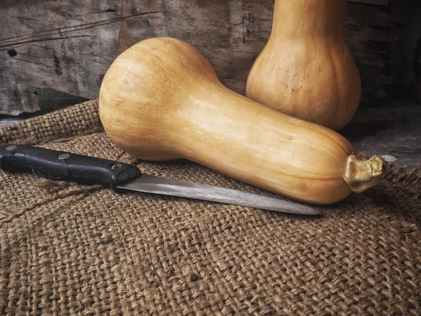Olgun sarı butternut squashes çul eski ahşap zemin üzerine 