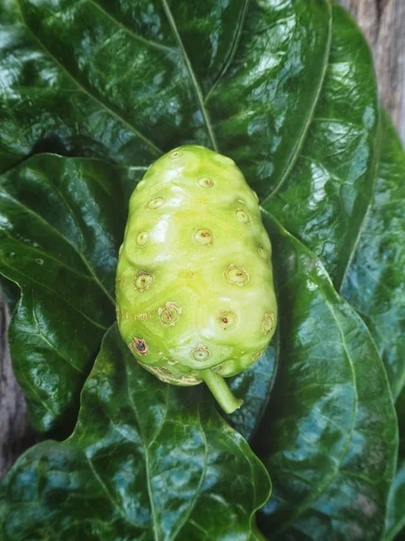 Noni Frucht Mit Blatt Auf Holzgrund — Stockfoto