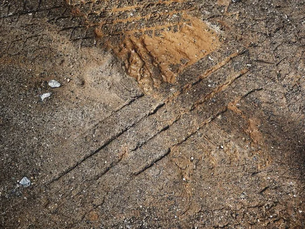 Vue Rapprochée Des Pistes Roues Sur Chaussée Sale — Photo