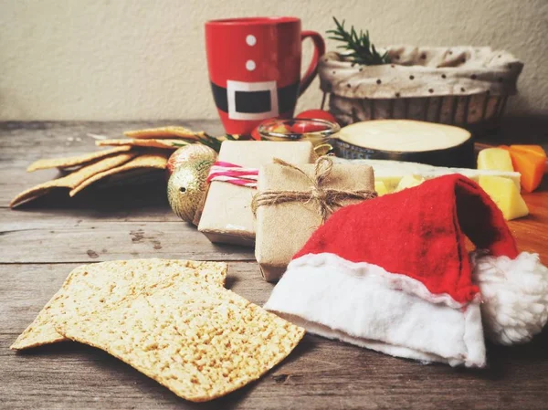 Cheese various with christmas hat — Stock Photo, Image