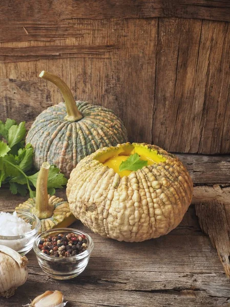 Soup pumpkin on wood background — Stock Photo, Image