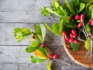 Ahşap arka planda mucize meyve