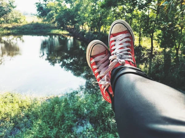 Selfie of red sneakers lifestyle — Stock Photo, Image