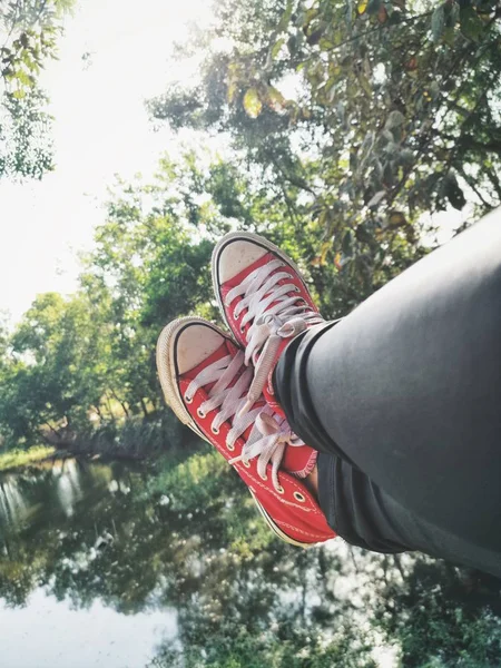 Selfie of red sneakers lifestyle — Stock Photo, Image