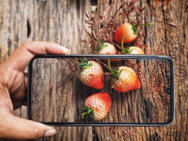 Elinde akıllı bir telefonla taze kırmızı çileklerin fotoğrafını çekiyorsun.