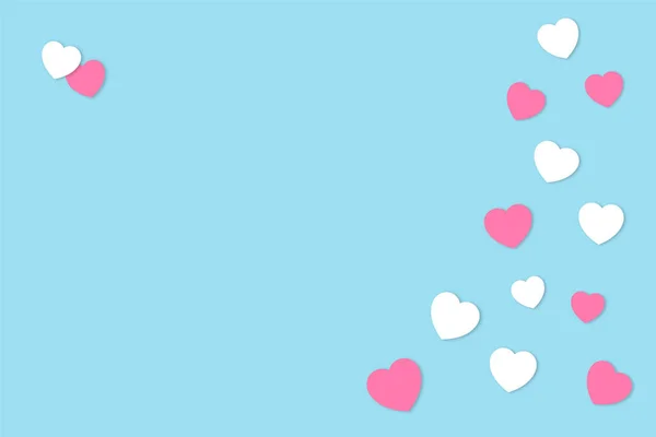 Pastel mavi arka planda beyaz ve pembe kalplerin minimum kompozisyonu. Yaratıcı içeriğiniz ya da metniniz için bir düzen. Modaya uygun minimalist düz yatak.