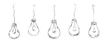 Ampuller, iç mekan, tasarım, reklamcılık, fikirler ve simgeler için beyaz bir zemin üzerinde tel şeklinde minimalist bir şekilde çizilir. En düşük düz konsept.