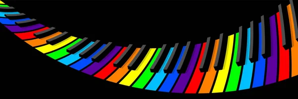 Tastiera di pianoforte distorta per sfondo largo, screensaver. Sette colori dell'arcobaleno su ogni chiave dello strumento . — Vettoriale Stock