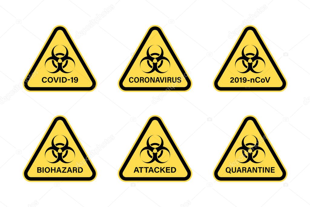 Set of biohazard warning signs. Symbols of risk of a coronavirus viral infection.