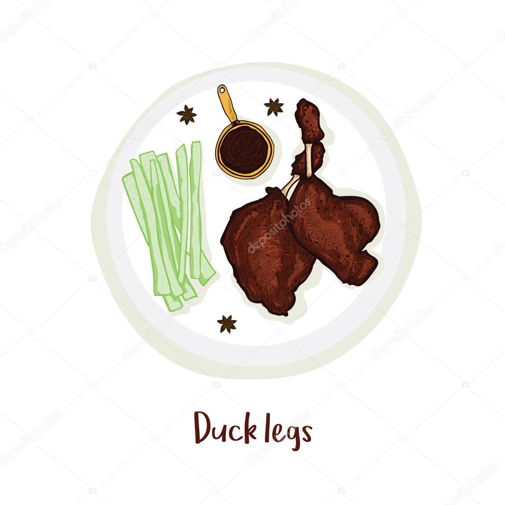 Duck legs on plate with sauce, celery and anise