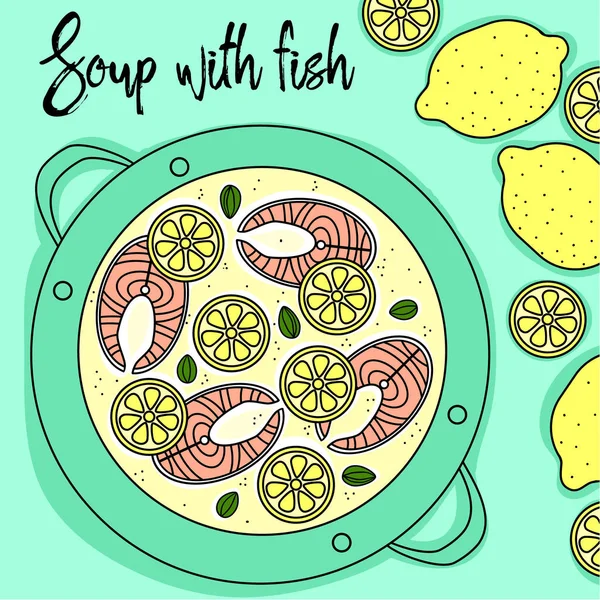 Sopa com peixe e limão mão desenhar —  Vetores de Stock